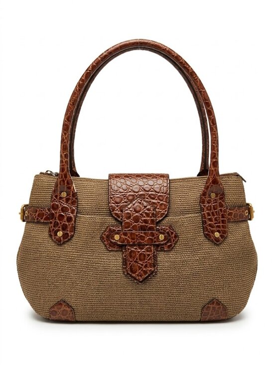 Eric Javits Handbags - Eric Javits Woven Straw Croc Embossed Leather Trim Shoulder Bag Satchel